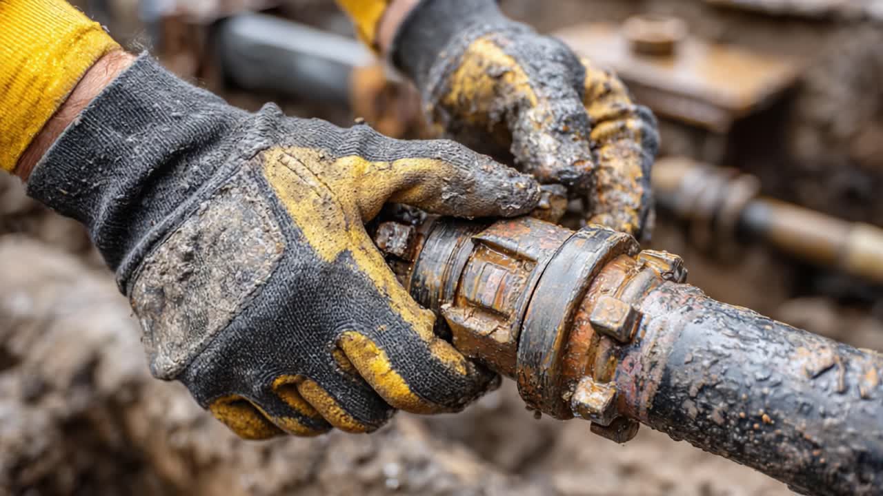 Dygtige hænder på arbejde: Et nærbillede af en arbejder, der med præcision reparerer en rusten rørledning i et mudret miljø, hvilket fremhæver vigtigheden af vedligeholdelse og håndværk.