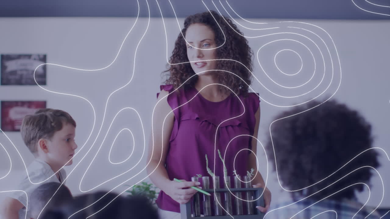 animación de redes sobre feliz diversa maestra y alumnos que estudian plantas en clase