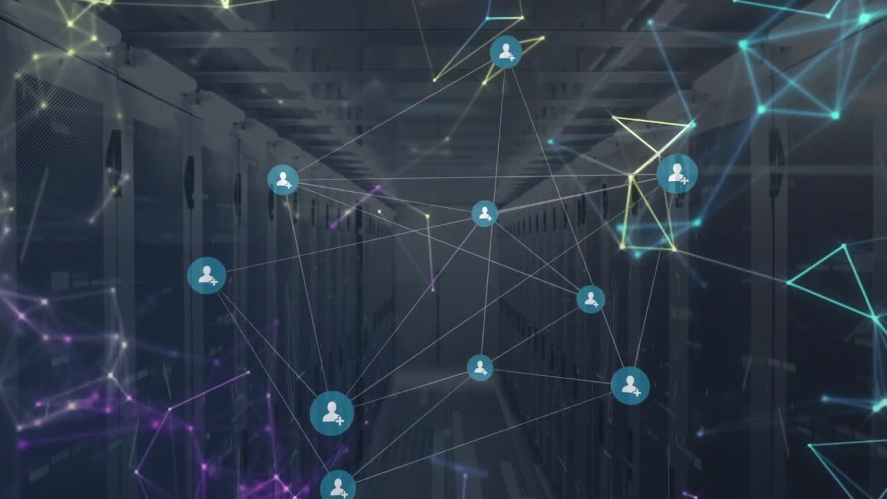 Network of connections and data processing animation over server room background
