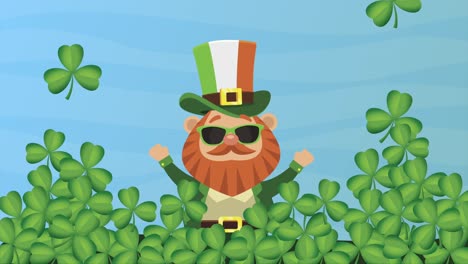 happy saint patricks day postcard with leprechaun in clovers