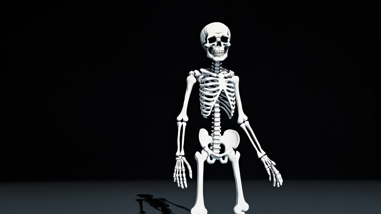 A 3D skeleton gives a thumbs-up against a dark background. The video uses a frontal camera angle