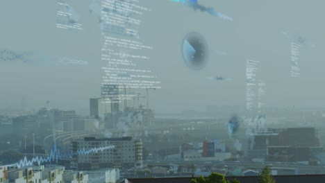 Animation-of-data-processing-against-aerial-view-of-cityscape