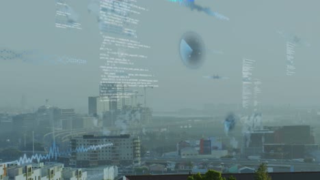 animation of data processing against aerial view of cityscape