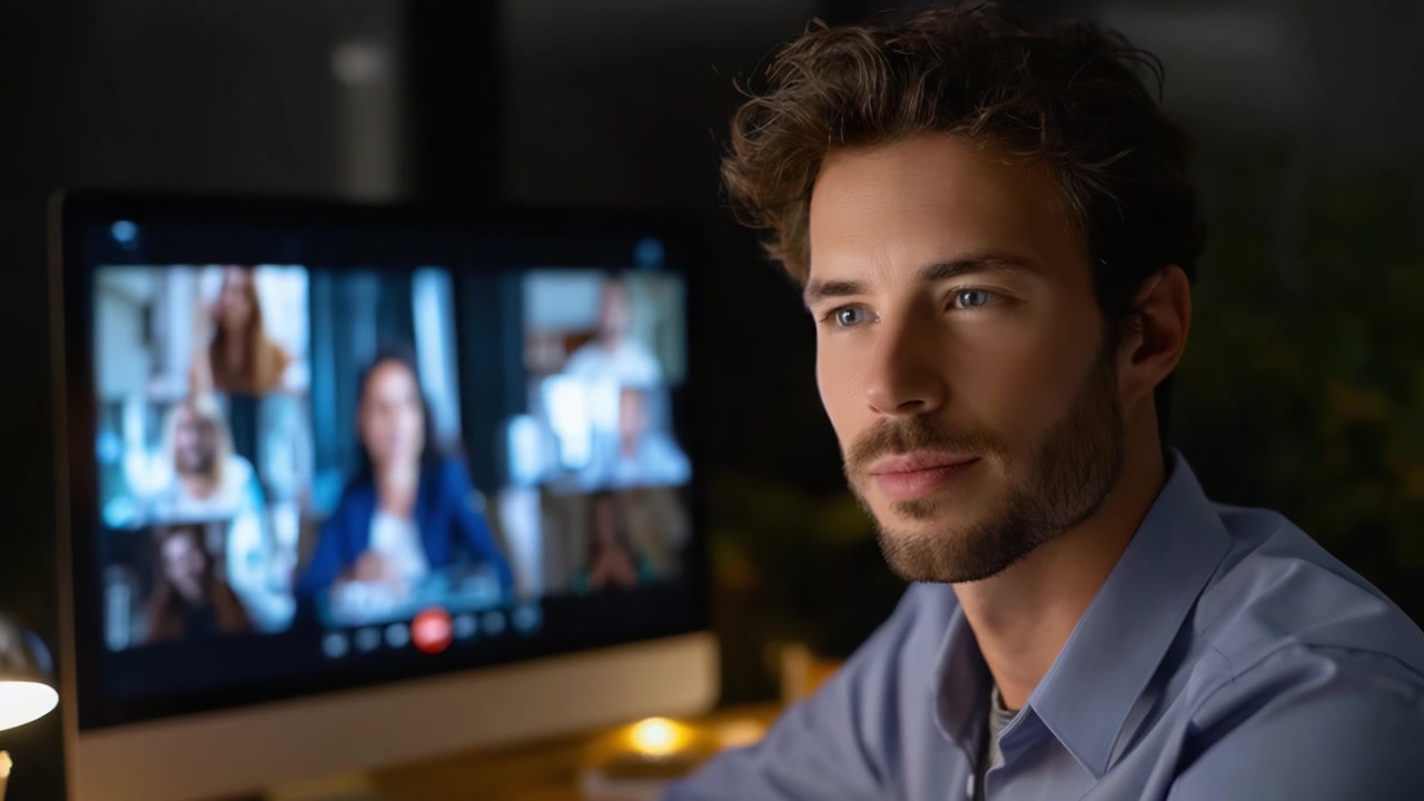 Focused male participant in online video conference with multiple female attendees engaged in discussion, showcasing modern remote communication technology