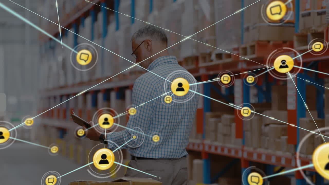 Network of profile icons over caucasian male supervisor with clipboard checking stock at warehouse