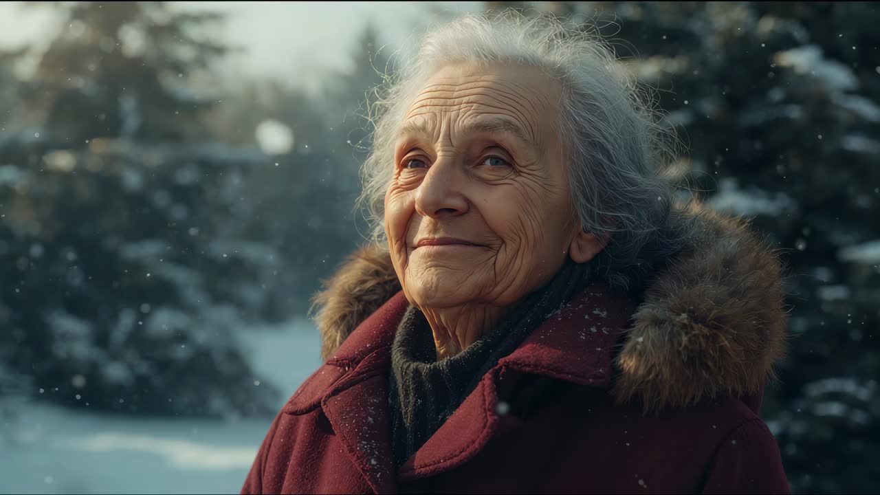 Fiocchi di neve che si posano delicatamente su una donna con cappotto, cappuccio e sciarpa, che si volta alzando lo sguardo in una pineta
