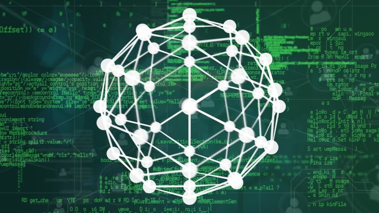 Animation of rotating sphere and data processing over network of connections