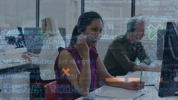 Animation of data processing over diverse business people working in office