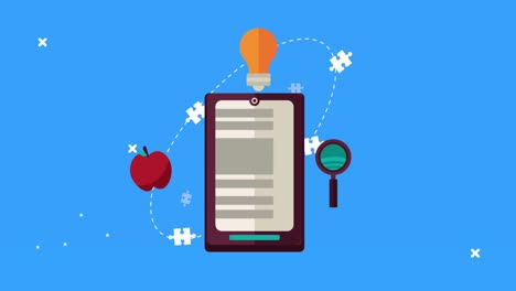 teléfono móvil con suministro de libros electrónicos y animación de iconos de aprendizaje electrónico