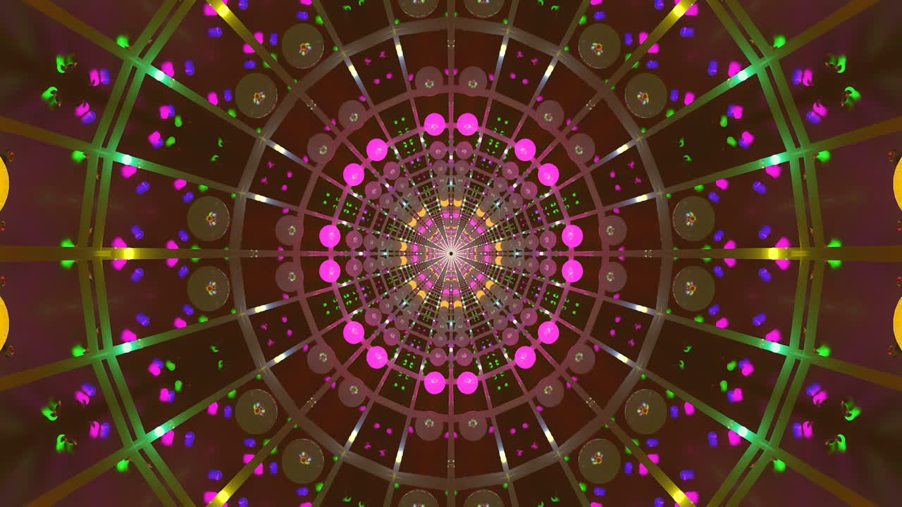 I contenuti visivi raffigurano un tunnel con cerchi vivaci e modelli dinamici che scorrono continuamente in un loop senza interruzioni, catturando l'attenzione degli spettatori con movimento e colore