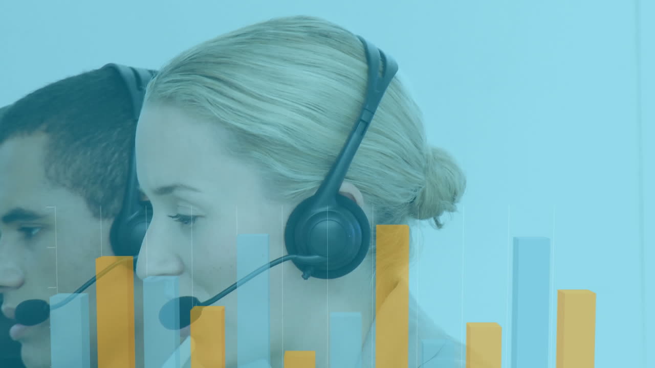 Animated multi-ethnic call center workers with tech in a digital office setup.