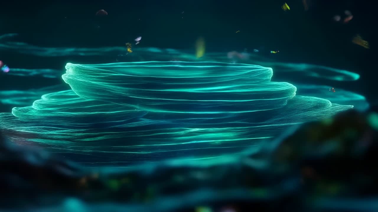 Una camera in movimento mostra nastri turchesi impilati in una vista abissale che rivela una texture stratificata e delle pagliuzze