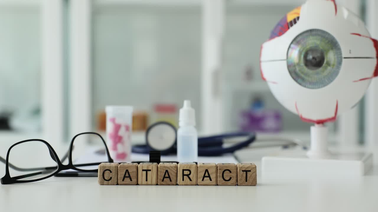 Cataract medical concept with eye model and healthcare equipment