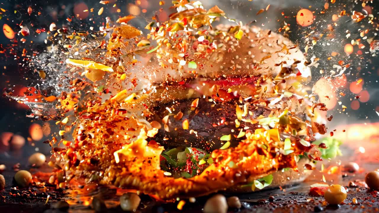 테이블 위에서 불꽃이 어나오는 햄버거