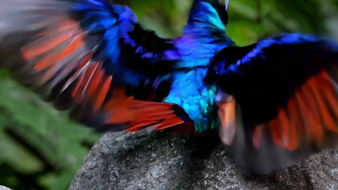 Farverig fugl, der sidder og flyver
