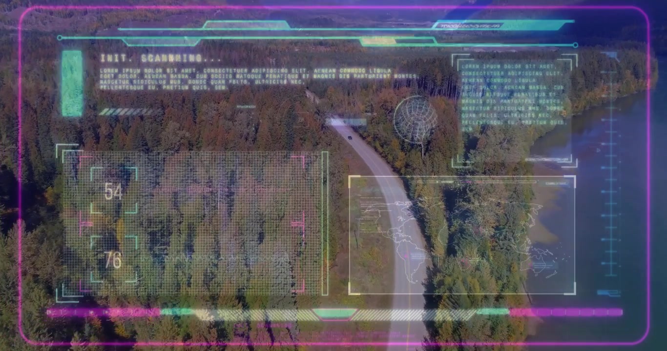 Drone view showing winding road guiding car through forest, displaying neon scanning HUD