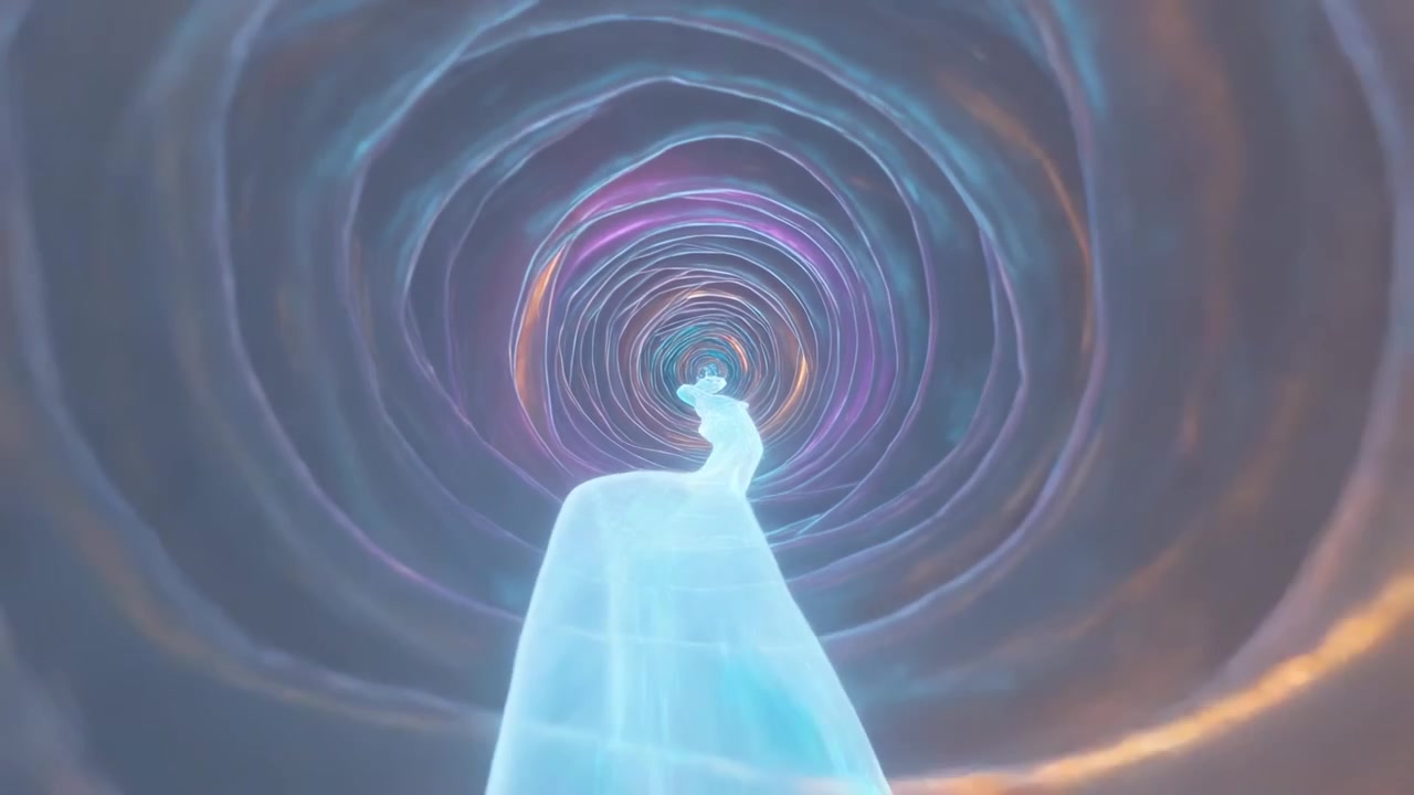 Originating ribbon moving into spiral walls near core with teal magenta rims guiding viewer inward