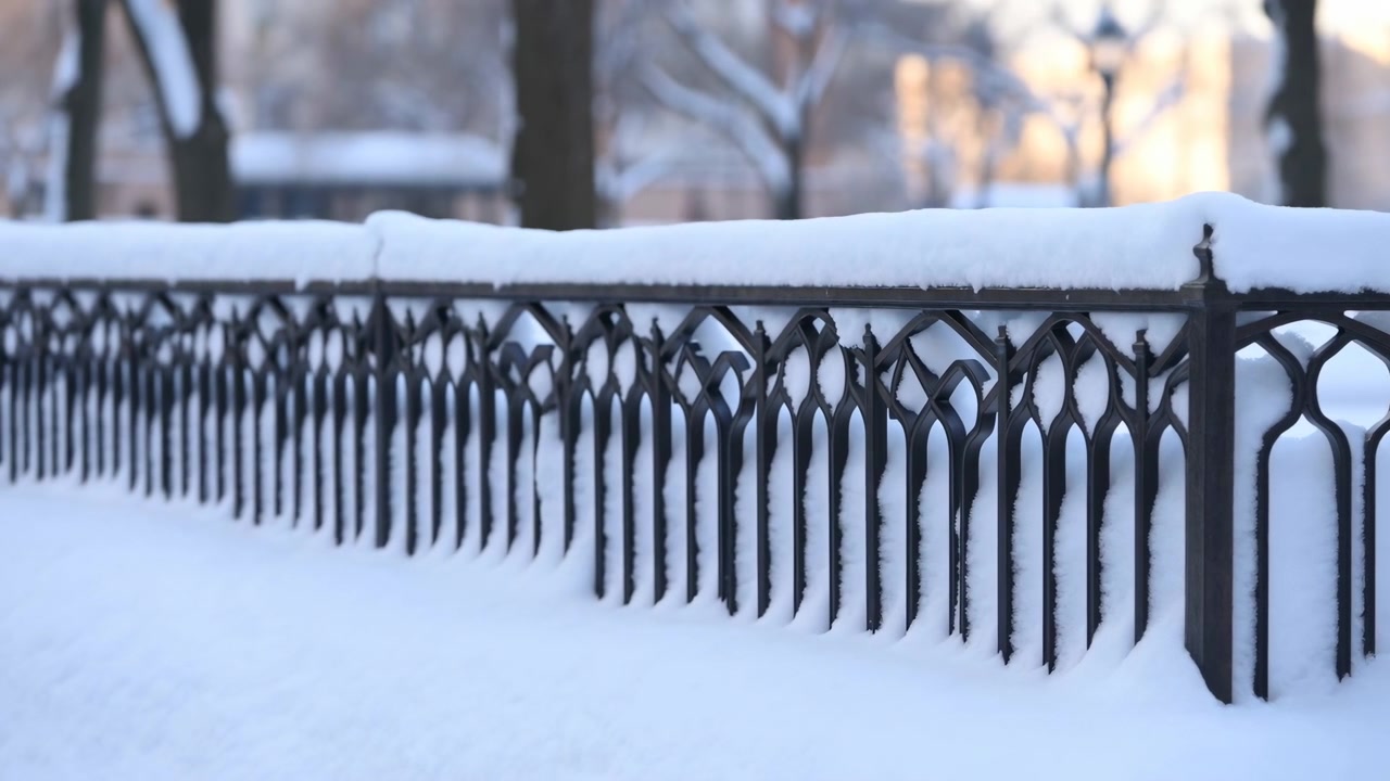 Decorative black fence spans snowy foreground in park setting, with thick snow resting on top rail and drifting below, blurred bare trees behind, warm sunset light, quiet winter atmosphere