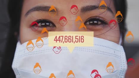Animation-of-Asian-woman-wearing-a-mask-over-icons-floating,-increasing-number-in-a-bubble-speech-
