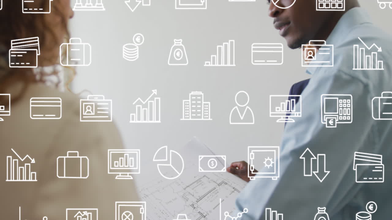 animación de múltiples iconos sobre diversos arquitectos discutiendo el plan en la oficina