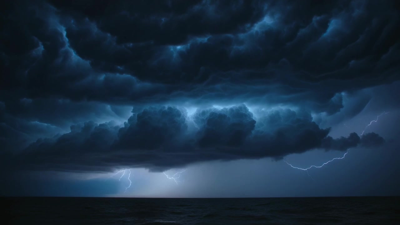 Flashing shelf cloud revealing layered contours over night ocean, lightning illuminating cloud base