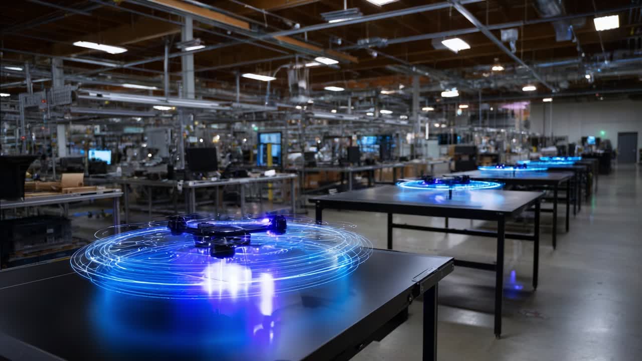 A High-Tech Manufacturing Facility Showcasing Advanced Drone Technology with Illuminated Circular Designs on Tables, Representing Innovation and the Future of Automation in Modern Industries