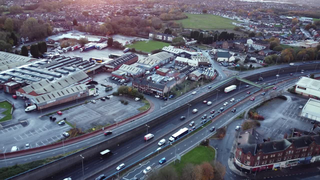 Aerial view of a city highway with traffic