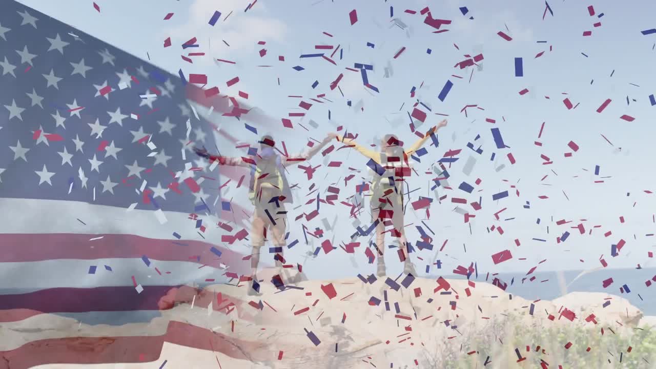 animação de bandeira americana e confeti movendo-se sobre casal alargando os braços