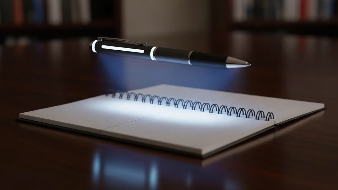 Floating Pen Illuminating a Blank Notebook on a Wooden Desk, Capturing the Essence of Ideas and Creativity in a Tranquil Workspace Setting