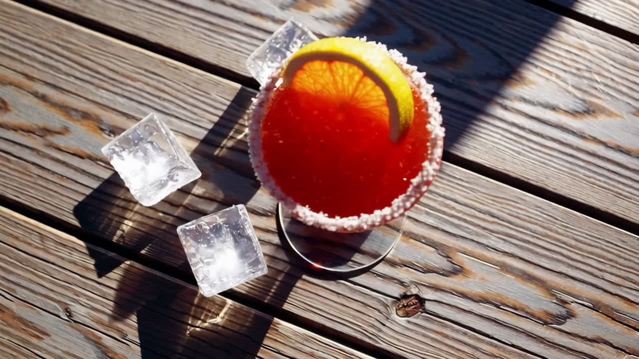 Refreshing Red Cocktail with Lemon and Ice on a Wooden Table