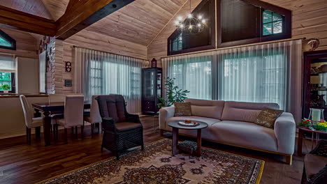 interior living room of an open concept cabin - panoramic wide angle