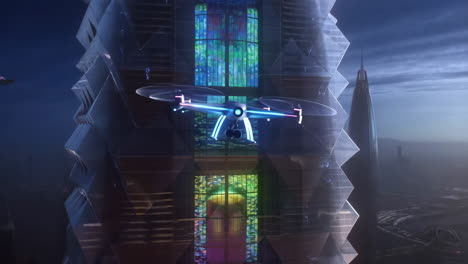 futuristic cityscape with drone and stained glass building