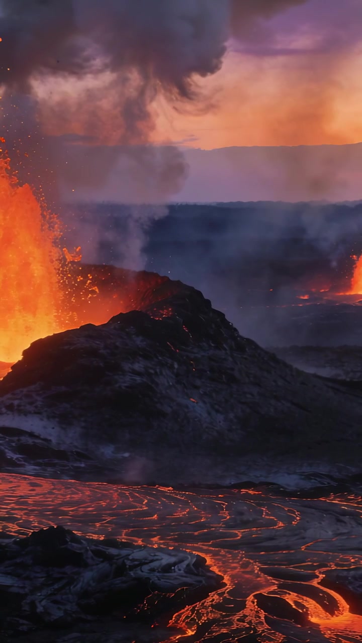 Video verticale: Una bocca vulcanica che rilascia magma e gas, spruzzando lava e alimentando canali intrecciati sulla pianura.