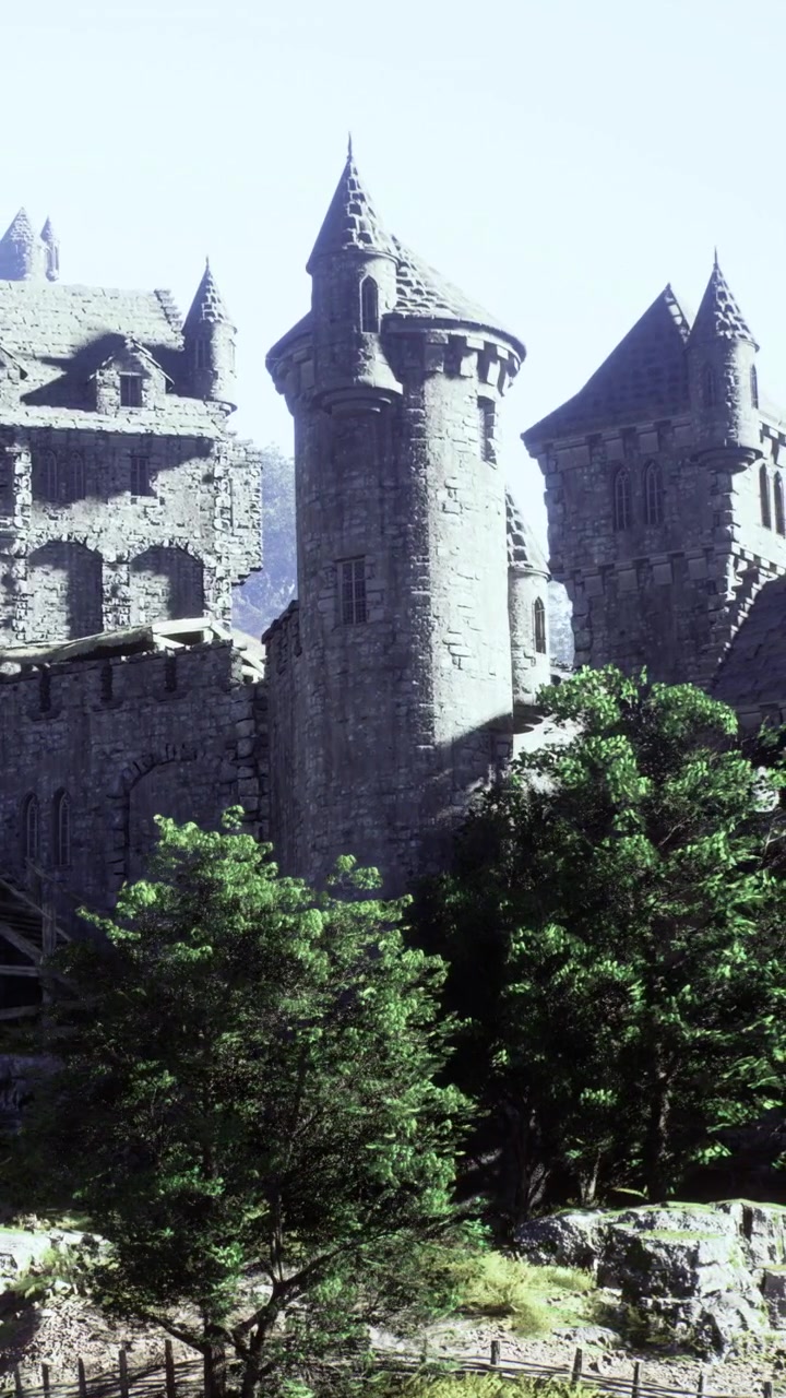 Antiche torri di castello in pietra circondate da alberi in un ambiente soleggiato.