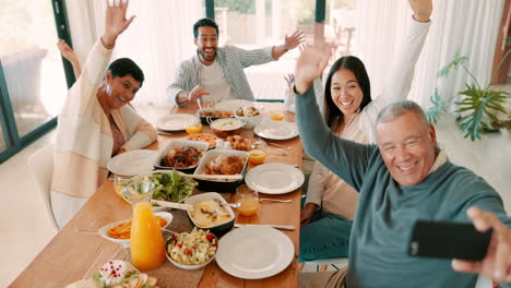 selfie, wave and a family at thanksgiving dinner