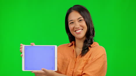 Asian-woman,-tablet-and-mockup-on-green-screen