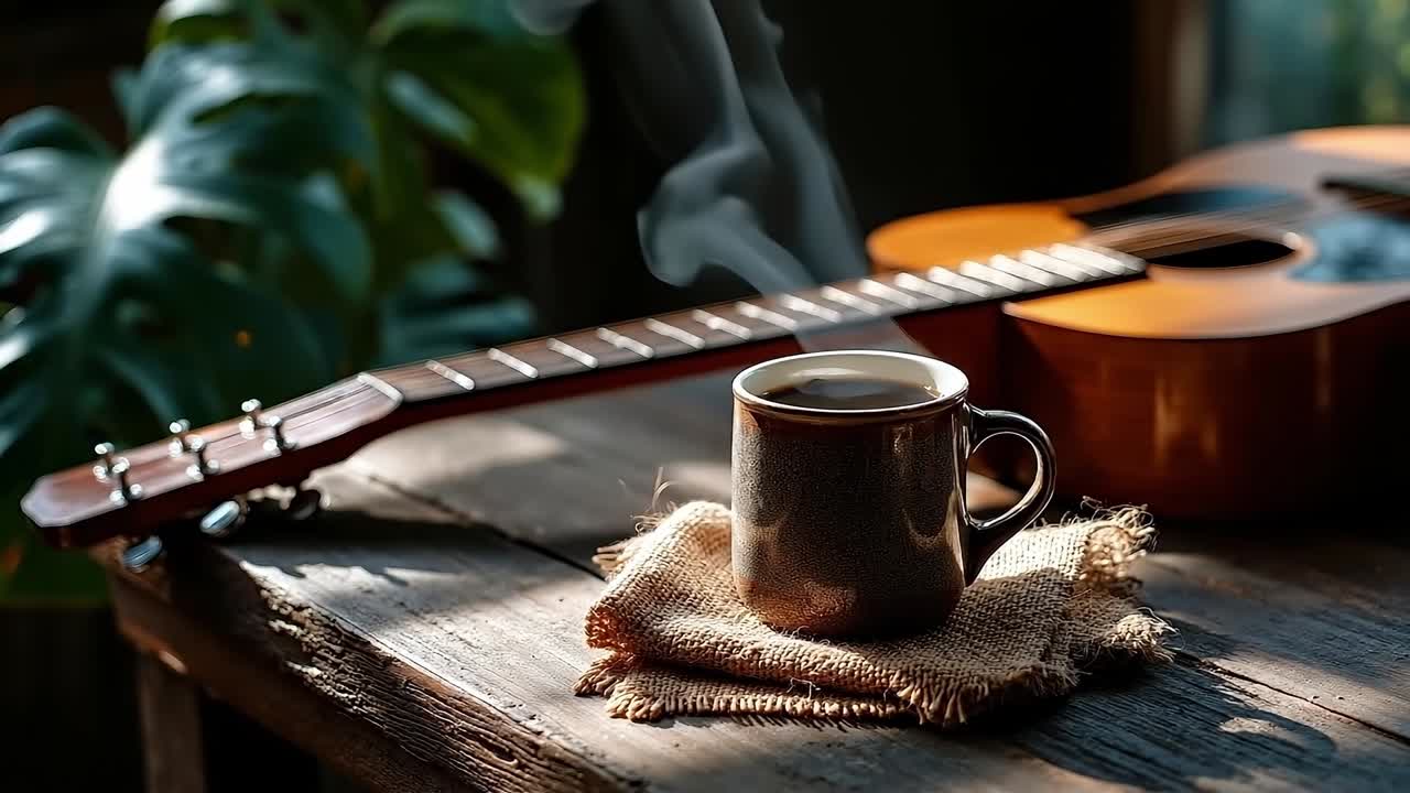 나무 테이블 위에 커피 한 잔과 기타