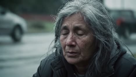a woman sits on a city street, displaying deep emotion as she reflects on life's challenges. despite the surroundings, her spirit remains strong in this moment of vulnerability.