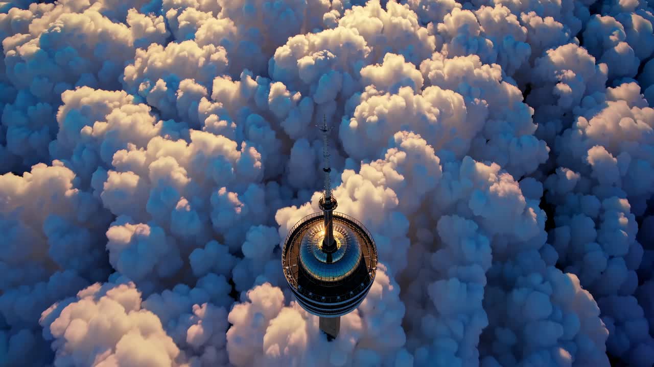 Aerial video captures a tower piercing through dense, fluffy clouds, showcasing a surreal, dreamlike