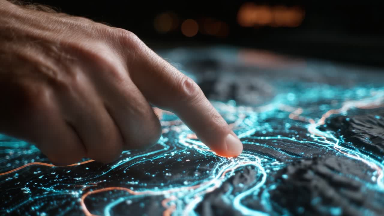 An Interactive Exploration of Terrain Mapping: A Hand Delicately Touches a High-Tech Surface Displaying Illuminated Pathways and Terrain Features