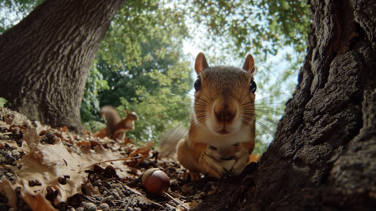 Scimmia curiosa si avvicina alla fotocamera con una ghianda mentre gli amici cercano cibo nelle vicinanze in un ambiente boschivo e frondoso sotto un sole splendente