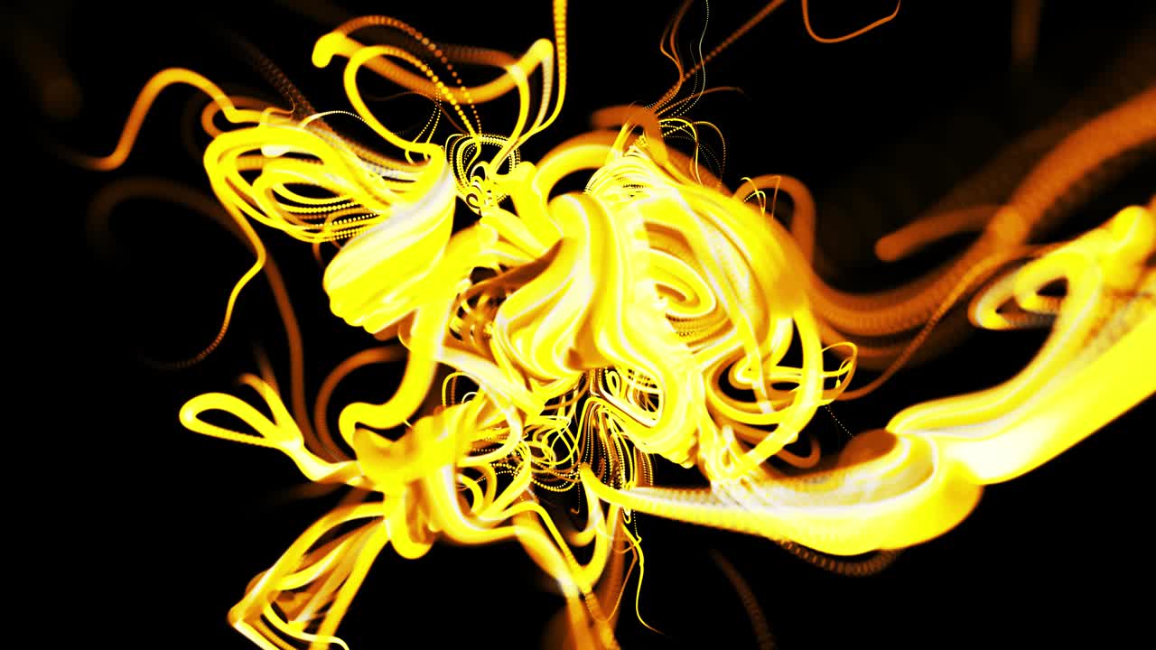 abstracto hermoso fondo de amarillo brillante flujo de líneas hechas de partículas. líneas crecen y forman abstractos hermosos rizos en el espacio. hermoso flujo de líneas de racimo en movimiento. hermosas rizos.