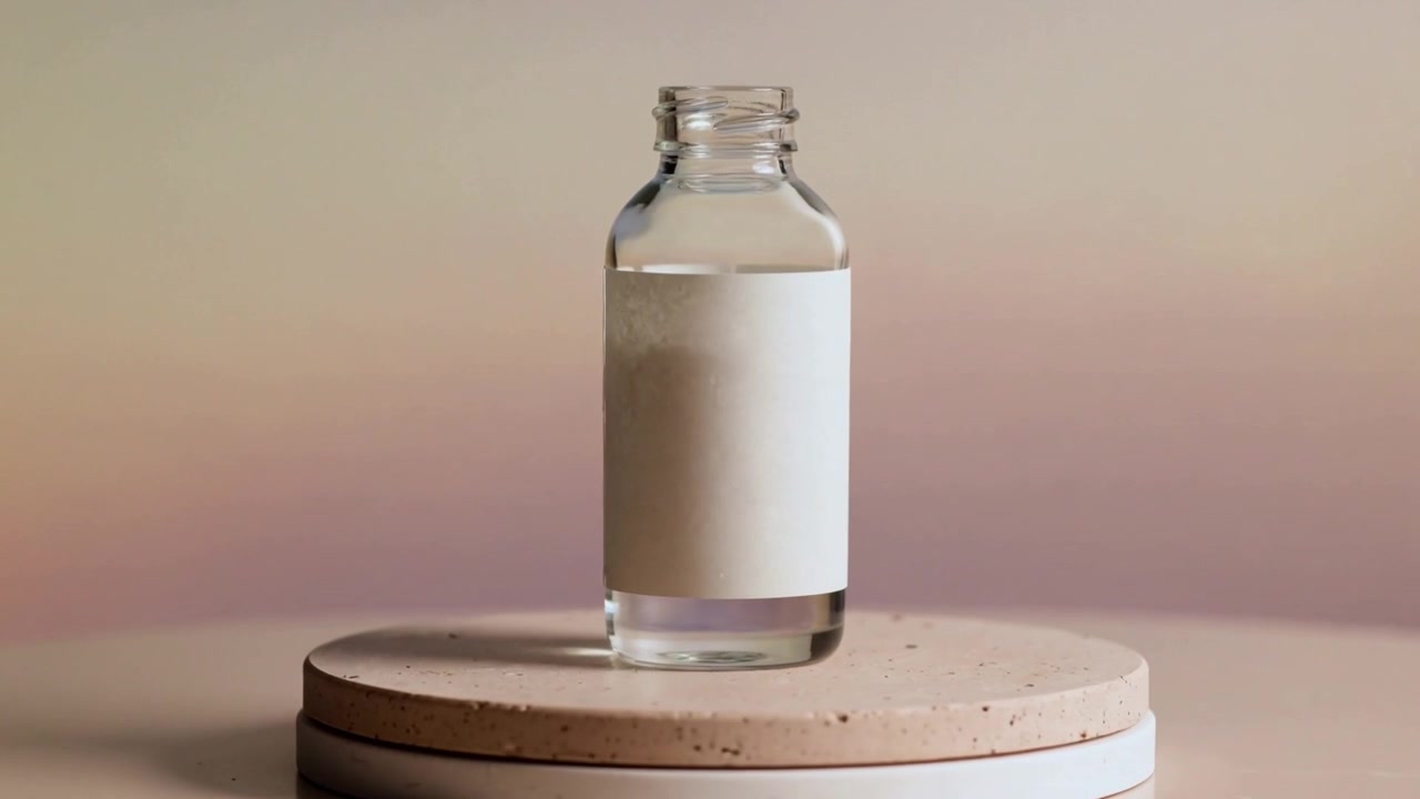 Bottiglia di vetro che ruota mostrando un'etichetta bianca e liquido trasparente su un piedistallo a strati per l'esposizione dell'etichetta