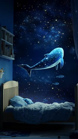 a dreamy, starry night scene with a glowing whale above a child's bed video. live mobile wallpaper
