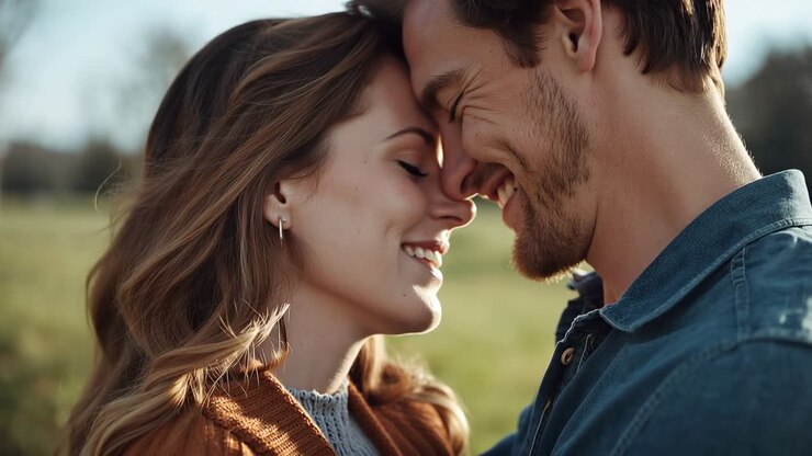 Coppia che si avvicina dopo uno sguardo giocoso, toccandosi le fronti e creando un'atmosfera intima per una pubblicità lifestyle.