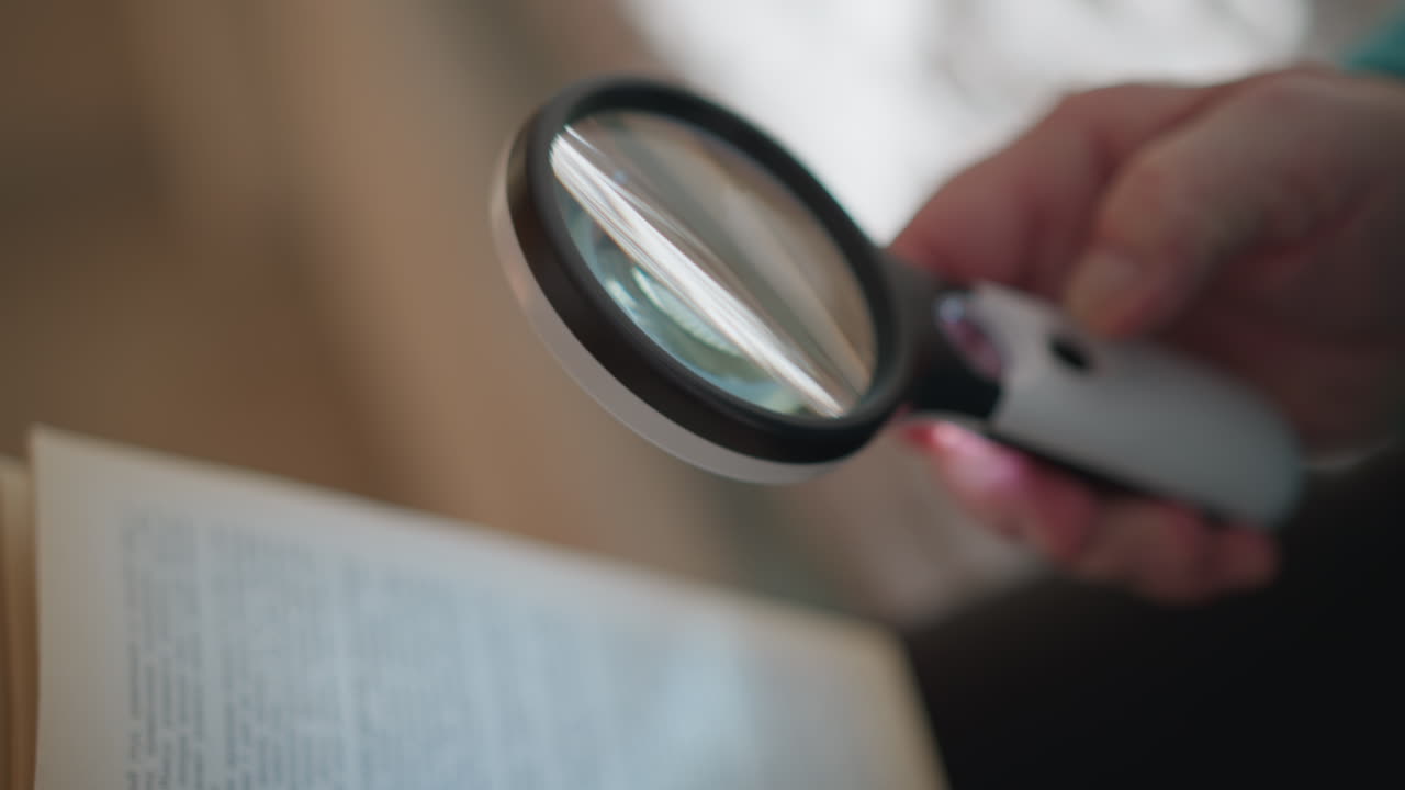 Close-up of elderly woman's hand holding a magnifying glass with soft lighting, showcasing detailed wrinkles and relaxed hand gesture. Focus on hand position while examining something closely