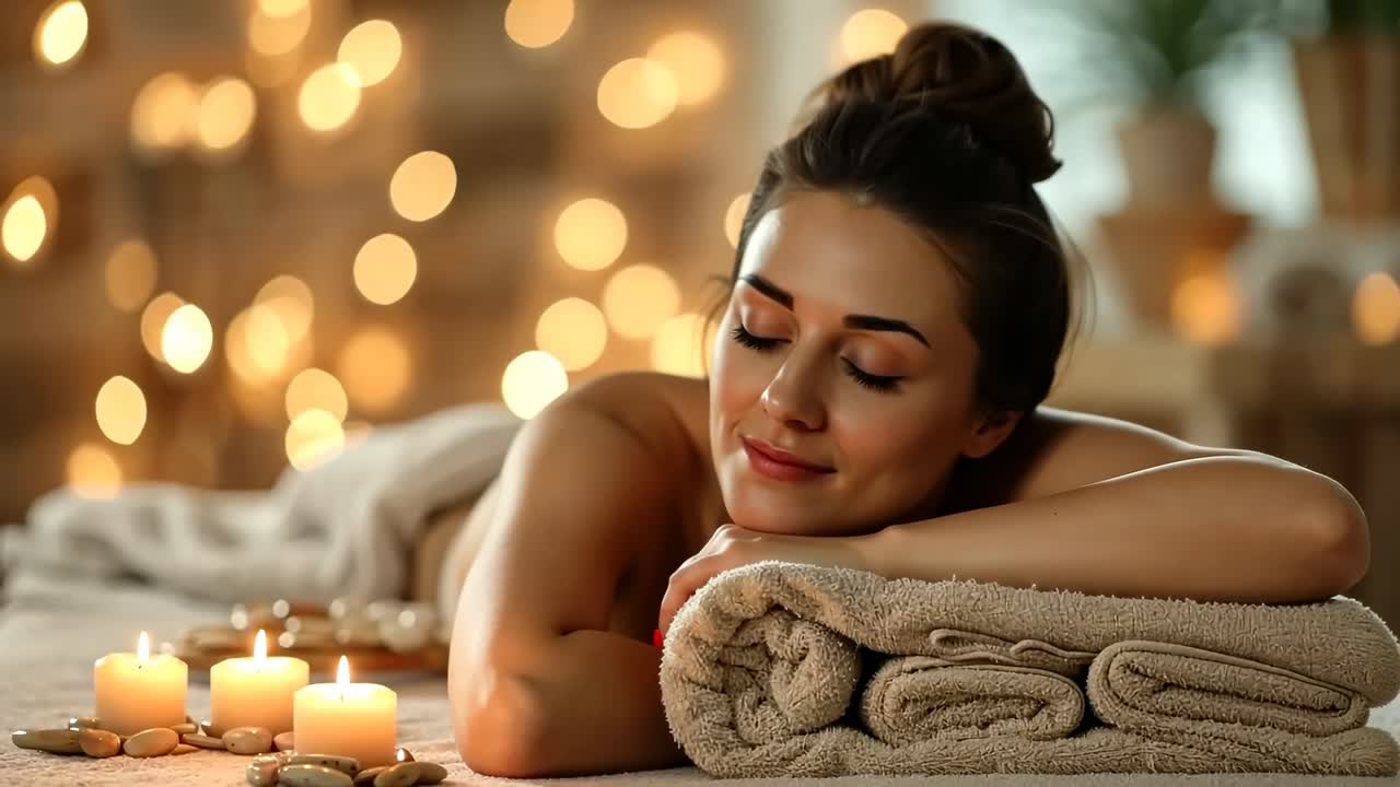 A serene spa video scene with a woman relaxing on a massage table, surrounded by candles