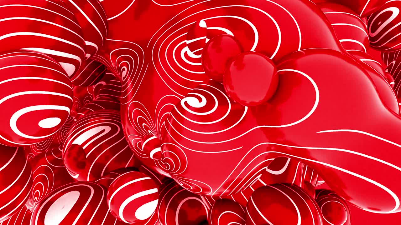 Abstract animation of red glossy spheres with white spiral lines slowly moving and interacting. Hypnotic, modern, and playful background design