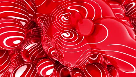 abstract animation of red glossy spheres with white spiral lines slowly moving and interacting. hypnotic, modern, and playful background design