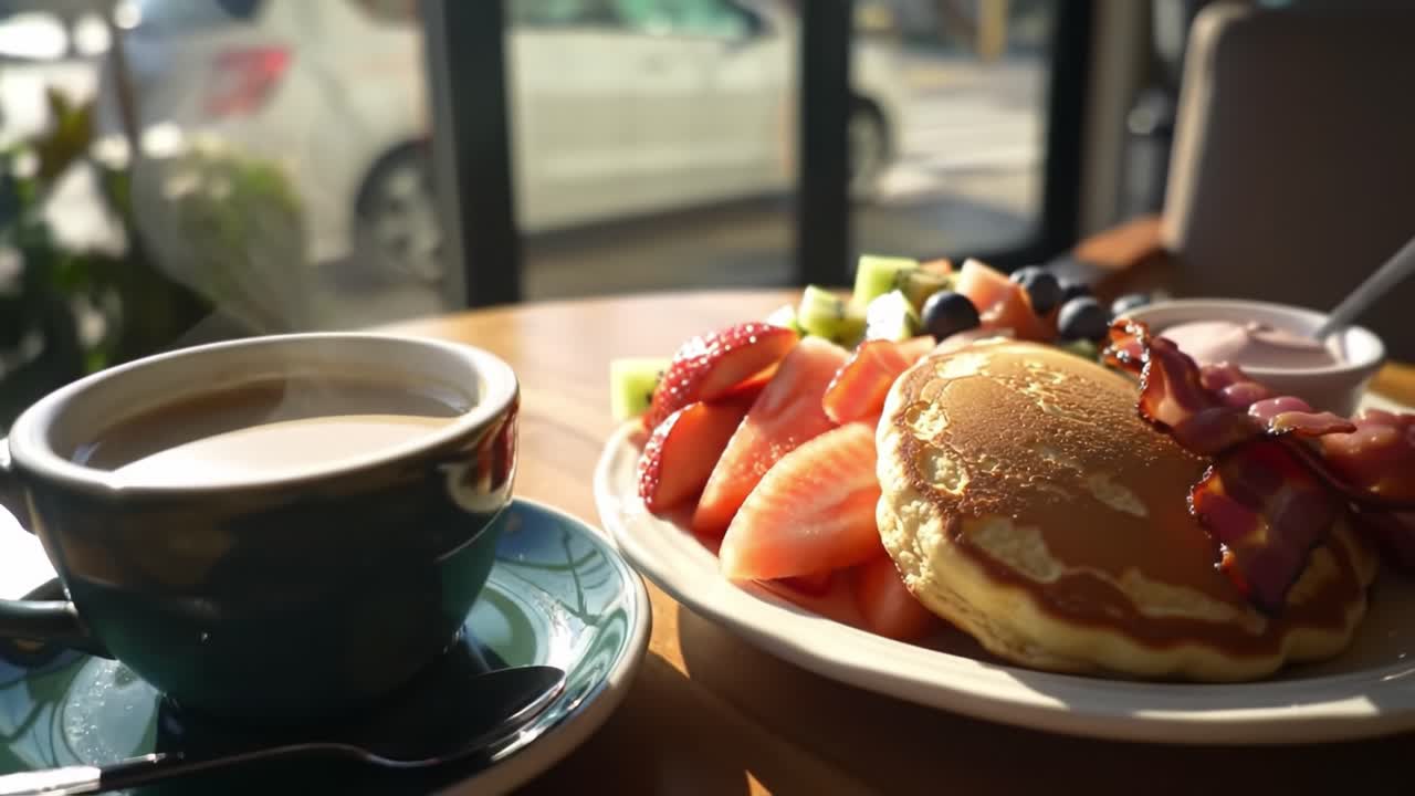 A Cozy Breakfast Spread Featuring Fresh Fruits, Pancakes, Crispy Bacon, and a Warm Cup of Coffee Perfect for a Relaxing Morning